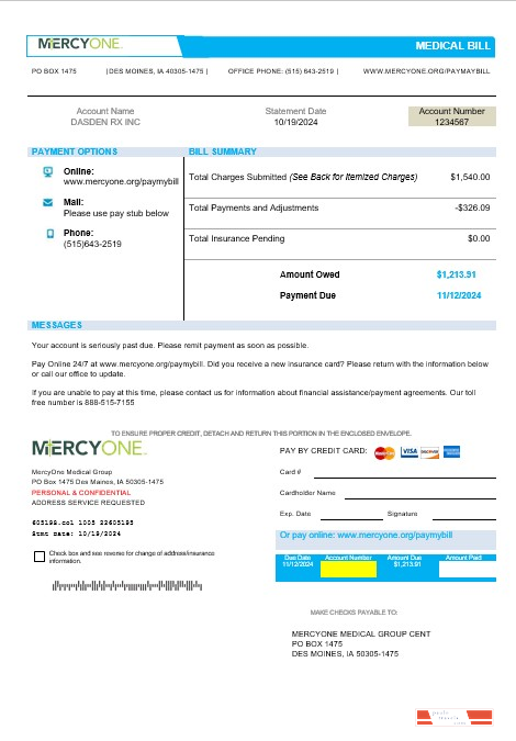 USA Iowa MercyOne medical business utility bill template in Word and PDF formats